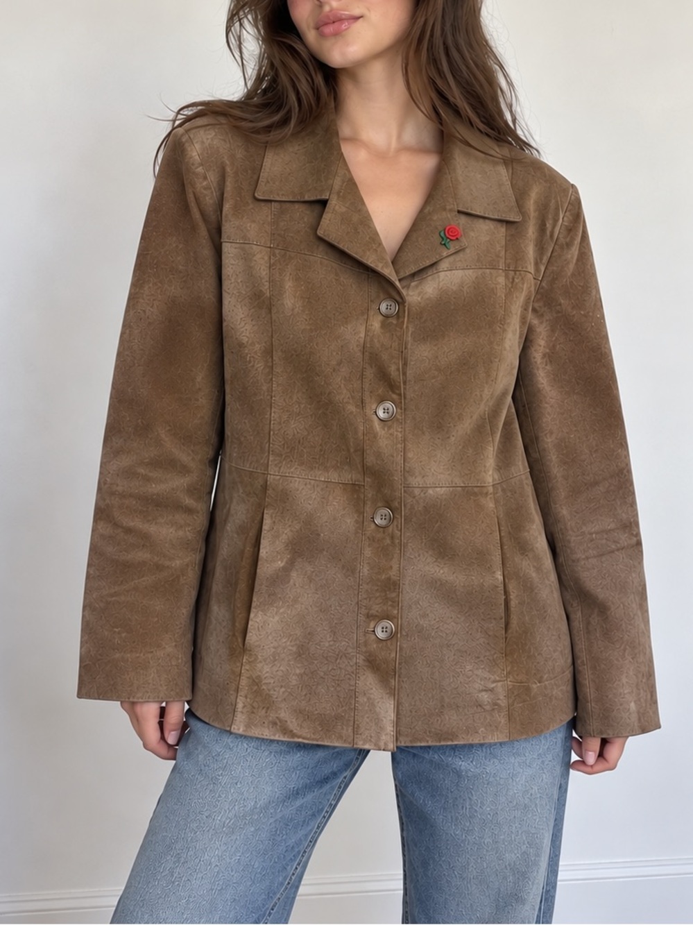 Cleo Vintage Brown Suede Jacket Embroidered Rose Women M
